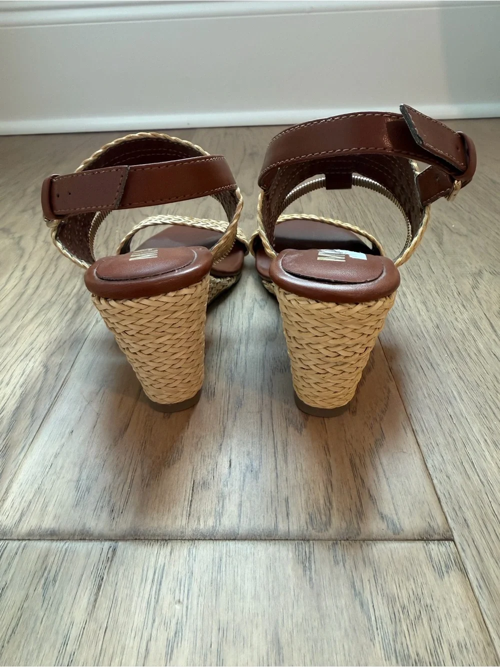 MIA Natural Straw Wedge Sandals with Brown Leather Straps